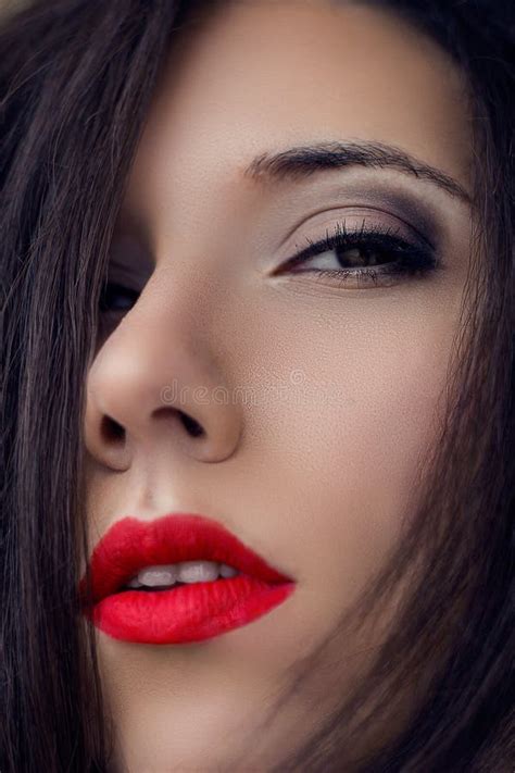 Close Up Woman Portrait Sensual Red Lips Light Smoky Eyes Arr Stock