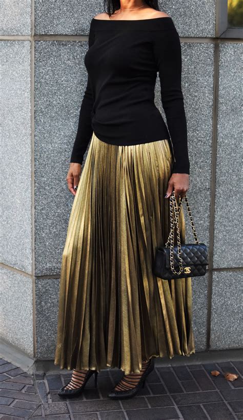 Gold Pleated Maxi Skirt Fashion Skirts