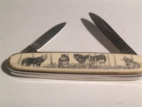 Barlow Scrimshaw Alaska Wolves Penknife Pocket Knife Scrimshaw