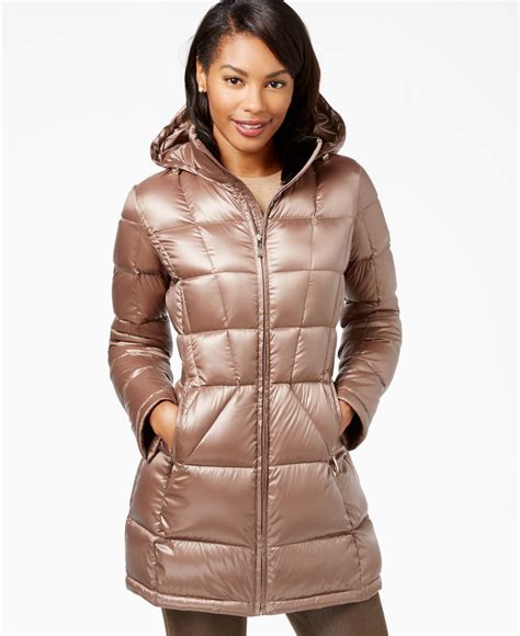 calvin klein synthetic hooded down packable puffer coat in brown lyst