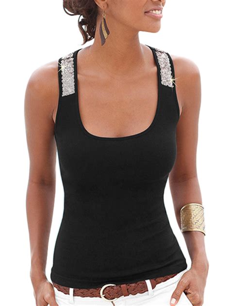 Plus Size Women Sequin Milk Silk Tank Tops Sleeveless Vest Cami Mock