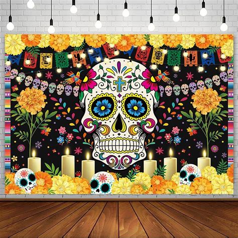 7x5ft Day Of The Dead Backdrop For Mexican Fiesta Sugar Skull Marigold Flowers Photography