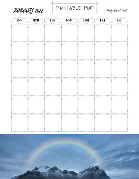 Printable rainbow calendar, digital download, blank monthly calendar, january-december, 2022