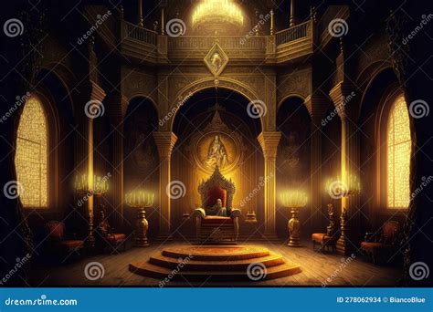 A Golden Filigree Throne Room In A Medieval Castle King Sitting On The