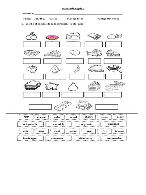 Prueba De Inglés Alimentos Pdf