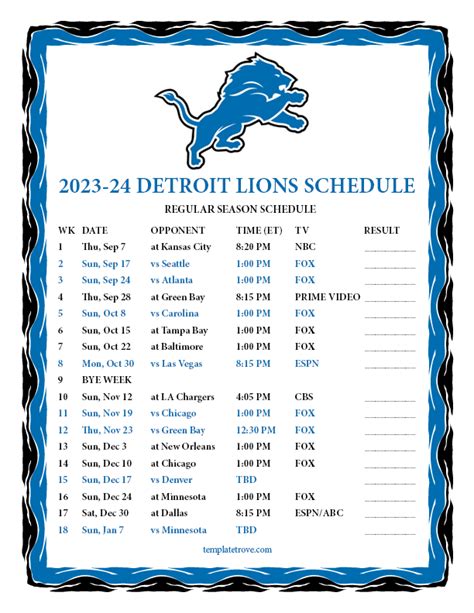Printable 2023 2024 Detroit Lions Schedule
