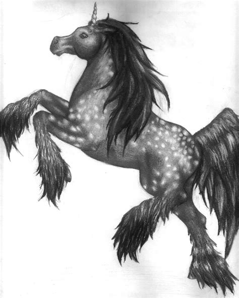 Fantasy Dappled Arabian Unicorn In Pencil And Charcoal Drawings
