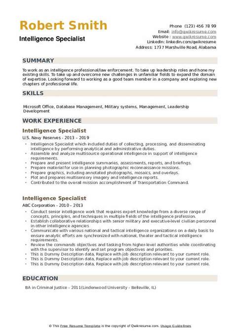 Use our cv templates to build a winning cv! Intelligence Specialist Resume Samples | QwikResume