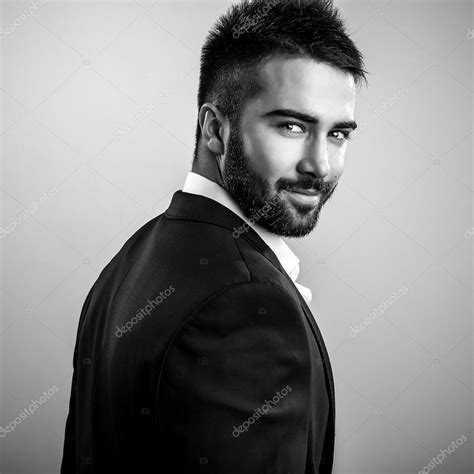 Elegant Young Handsome Man Black White Studio Fashion Portrait