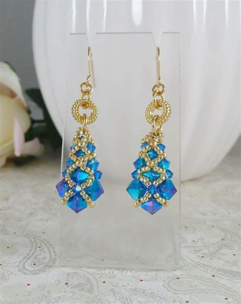 Woven Earrings In Swarovski Blue Abx Crystal Seed Bead Jewelry Bead