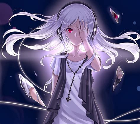 Image Headphones Long Hair Red Eyes Bandaids White Hair Anime