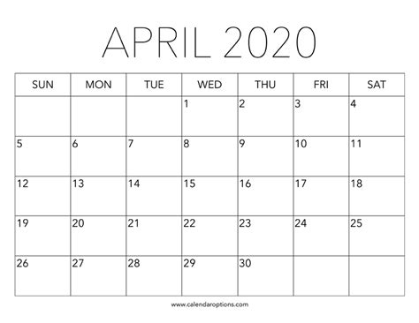 Printable April 2020 Calendar Calendar Options
