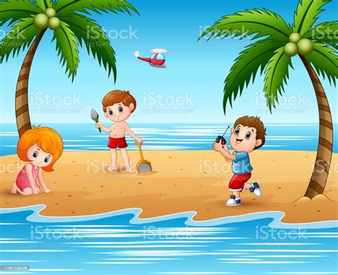 Happy Children Playing At The Beach Stock Illustration Download Image