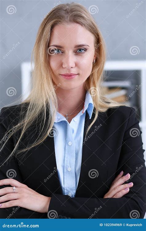 blonde business woman in black suit portrait stock image image of cute looking 102394969