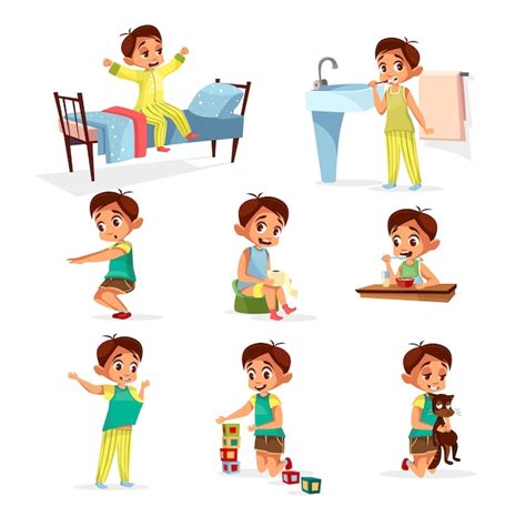 Free Vector Cartoon Boy Daily Routine Activity Set Male Character