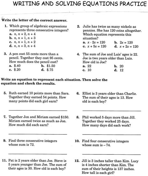 Writing Expressions And Equations Worksheets