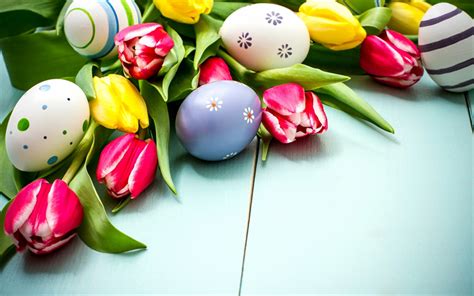 Download Wallpapers Happy Easter Eggs Pink Tulips Spring Flowers