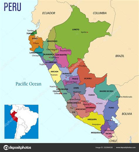Mappa Politica Molto Dettagliata Del Perù Con Regioni Loro Capitali
