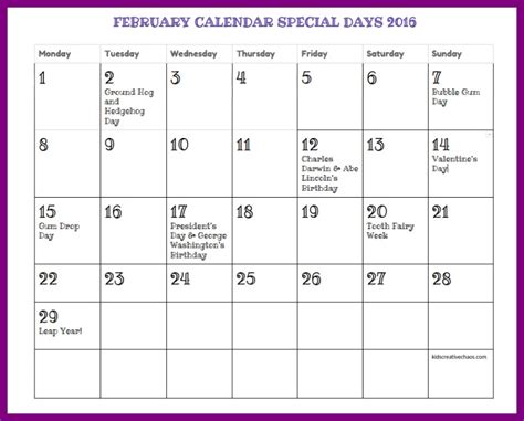 Kids Creative Chaos February Holidays Calendar For Special Days To