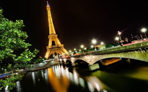 壁紙 夜景エッフェル塔、パリ、フランス、セーヌ川、ライト、ブリッジ Hd 無料のデスクトップの背景 画像