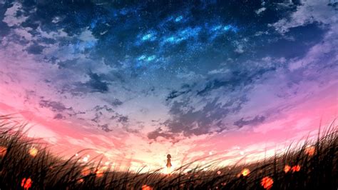 Download 1366x768 Anime Landscape Sunset Plants Field Sky Anime