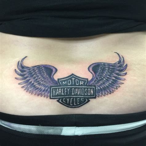 Harley Davidson shield and wings. Lower back. | Girl back tattoos, Back tattoos, Back tattoo