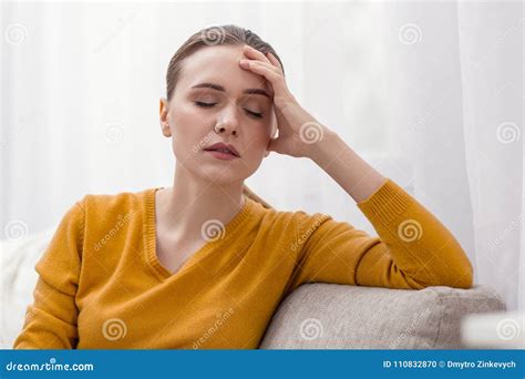 Beautiful Concerned Woman Experiencing Headache Stock Photo Image Of