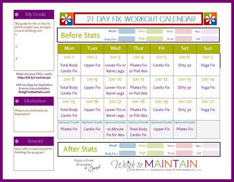 It'll also contain some useful tips for taking your first set of progress photos and measurements to maximize your chances of winning the transformation contest. 21 Day Fix Workout Calendar