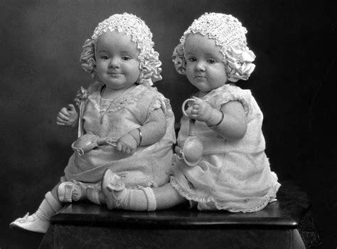 Portrait Headshot Twin Girls Caps Rattles 1920s Photograph By Mark Goebel