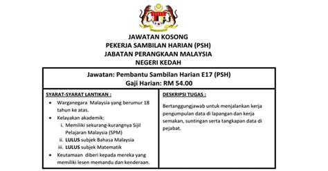 Find peluang kerjaya pekerja sambilan harian at putrajaya and related from jawatan kini. Jawatan Kosong di Jabatan Perangkaan Negeri Kedah ...