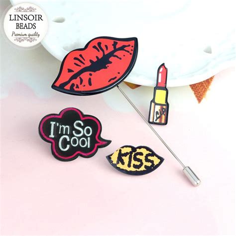 Linsoir 2017 Fashion Lipstick Red Lips Lapel Pins Clothing Badges Sexy