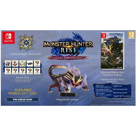 Monster hunter rise will also have a collector's edition that comes with all of the deluxe edition content as well as the magnamalo amiibo, a sticker set, and a kamura mark enamel pin. Monster Hunter Rise: Collector's Edition - Nintendo Switch ...
