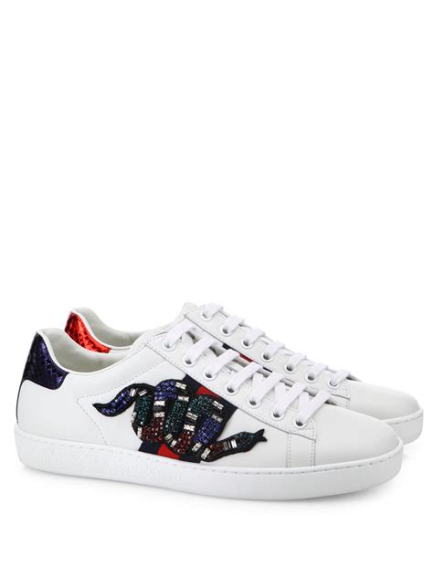 Gucci New Ace Crystal Embroidered Snake Leather Low Top Sneakers Lyst