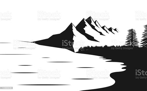 Mountain Peak Lake Forest Trees Landscape Black And White Negative
