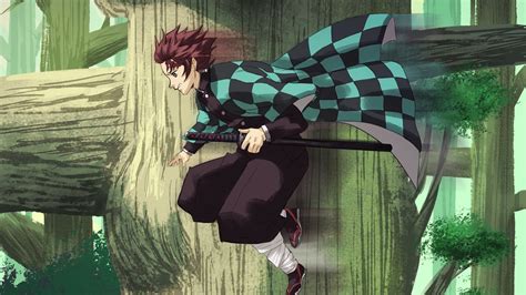 Demon Slayer Tanjirou Kamado Falling From Tree With Background Of Trees