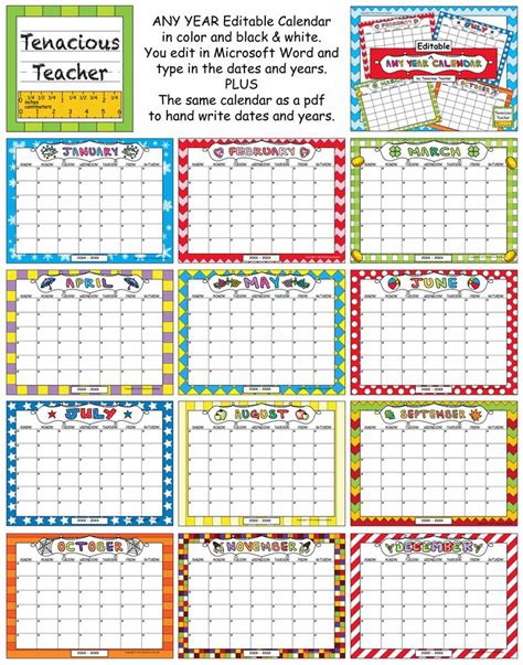 Any Year Editable Calendar Editable Calendar School Printables