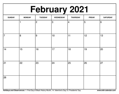 2021 February Calendar Printable Template Business Format