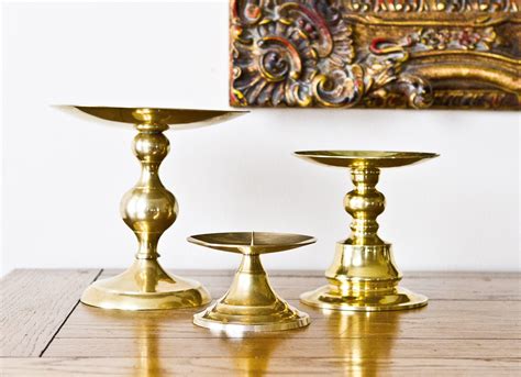 Set Of Three Brass Pillar Candle Holders Etsy Candle Holders
