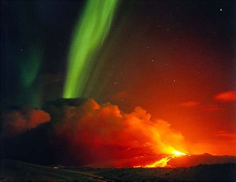 Aurora Borealis Over Erupting Volcano Iceland