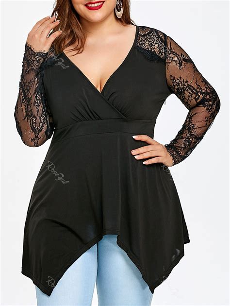 46 Off Plus Size Lace Sleeve Tunic Surplice T Shirt Rosegal