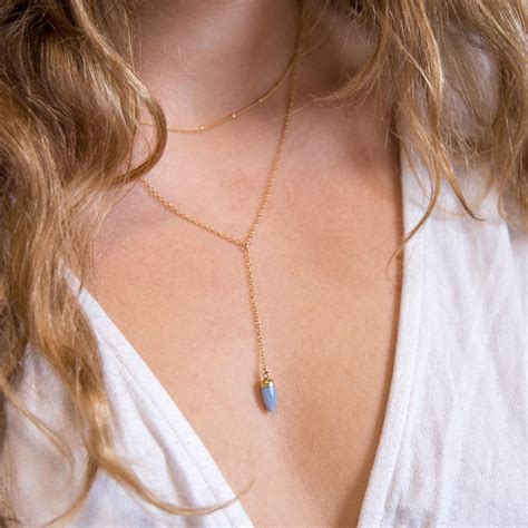 Crystal Point Necklace Dainty Lariat Necklace Gold Stone Drop