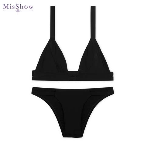 Misshow Sexy Black Solid Brazilian Bikinis Set Low Waist Swimsuit