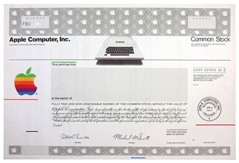Apple stopped issuing paper stock certificates in 2010 and registers ownership electronically instead. Apple Computer, Inc., 1977 Specimen Stock Certificate with Apple Logo & Early Apple Computer ...