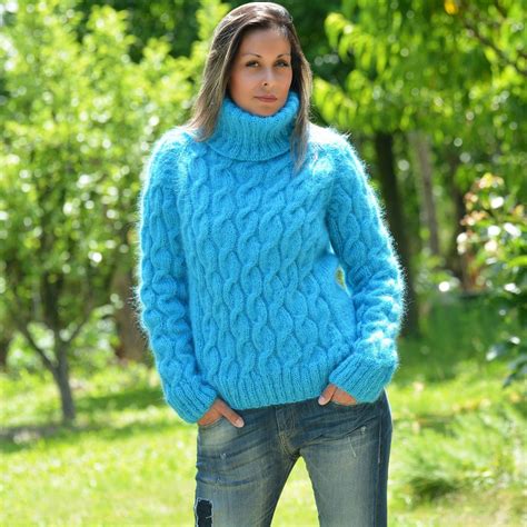 Believe me, there are many chic ways to wear them. Light Blue cable hand knit mohair turtleneck sweater by ...