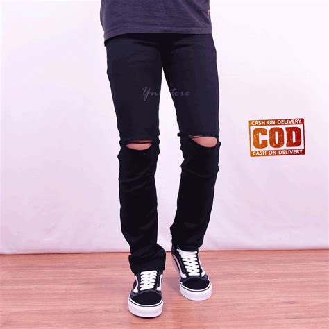 Celana Jeans Pria Sobek Lutut Original Slim Fit Shopee Indonesia