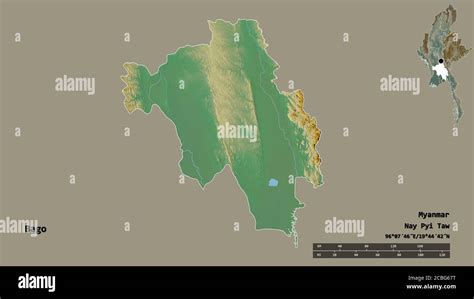 Shape Of Bago Division Of Myanmar With Its Capital Isolated On Solid