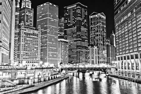 Chicago River Skyline At Night Black And White Picture Photograph By