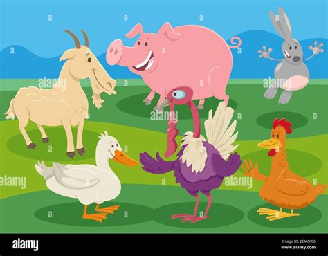 Cartoon Illustration Of Happy Farm Animal Characters Group In The