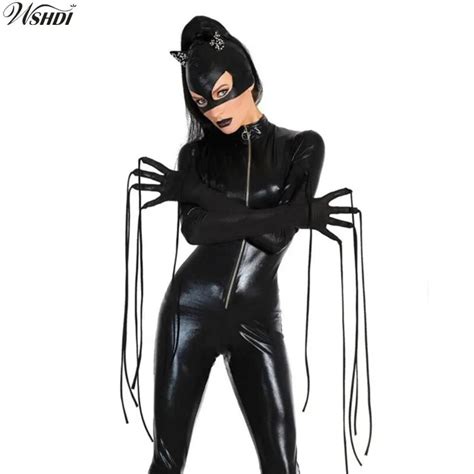 Pcs Sexy Catwoman Costume Women Black Faux Leather Catsuit Jumpsuit
