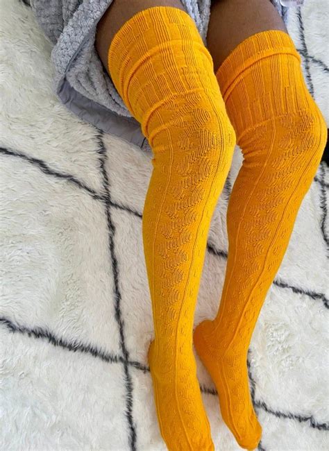 Extra Long Thigh High Cable Knit Socks Mustard Yellow In 2022 Cable Knit Socks Yellow Cable